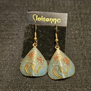 Vintage Cloisonné Enamel Flower Dangle Earrings